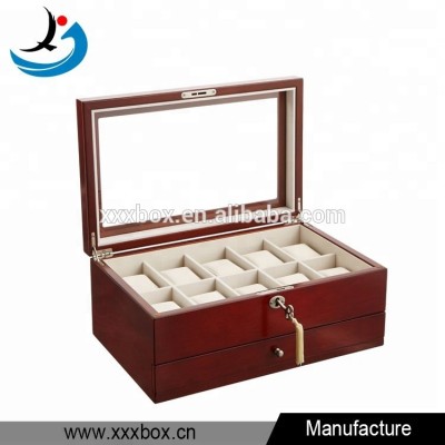 Piano Glossy Lacquer Men 10 Sets Watch Red Wooden Box Organizer With Drawer