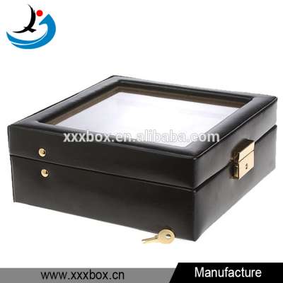 Elegant black leather glass top 8-slot watch box